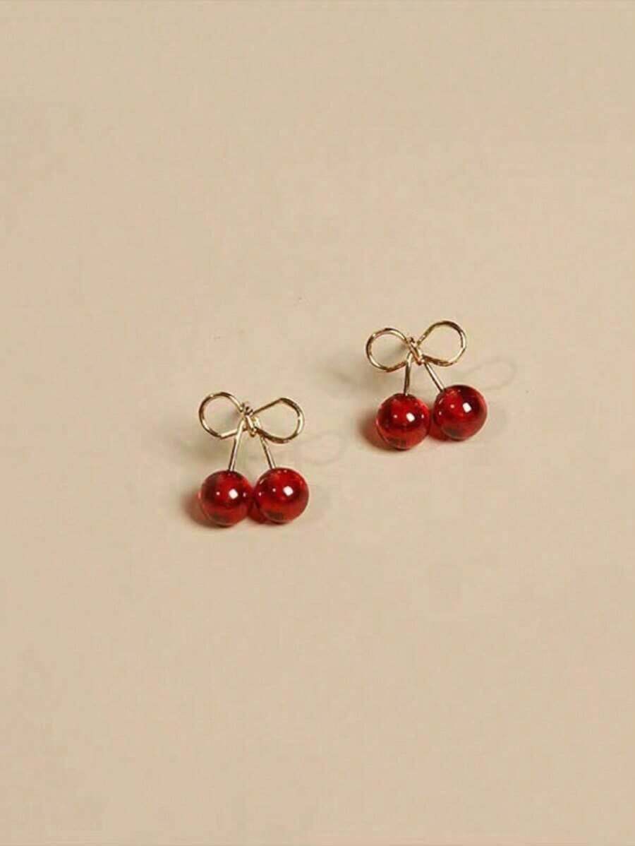 1pair Cherry/Wine Red Cute Fresh Fruit Design Small Stud Earrings For Women, Suitable For Daily, Casual & Business Occasions - Vàng - Xem 1