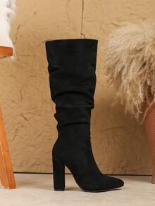 Botas Altas Plissadas de Cor Sólida Estilo Europeu e Americano, Novas Botas Altas de Tubo de Cor Sólida com Salto Grosso e Bico Fino para Outono/Inverno, Estilo Ocidental para Festa Noturna, Feriado (Sugere-se Pedir um Tamanho Abaixo) - Preto - Visão 4