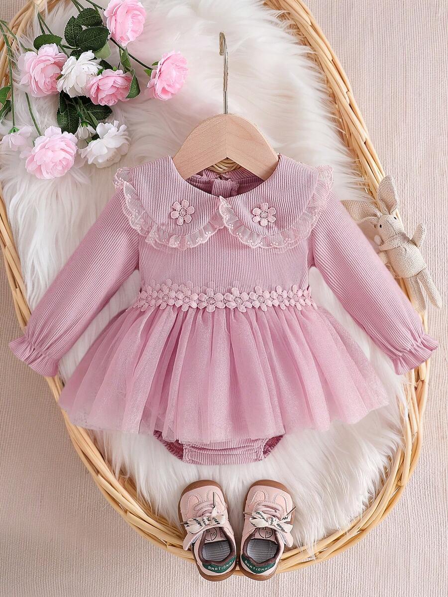Baby Girls' Cute Floral Peter Pan Collar Long Sleeve Floral Design Hem Mesh One-Piece Bodysuit, Suitable For Everyday Outings, Spring & Autumn