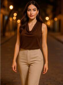 Simples    Poliéster    Babado    regata  Diário - Marrom - Visão 3