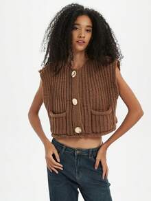 Women's Solid Color Knitted Pocket Decor Thick Knit Vest - Brown - View 5