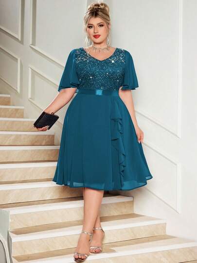 Vestido de fiesta estilo swing con escote en V, detalles de lentejuelas, encaje floral, contraste de gasa, mangas de mariposa con volantes y bajo con volantes, elegante para fiesta de graduación, boda o cena, talla grande