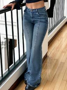 Valentine's Day Women Bootcut Jeans Flare Jeans Mid-High Waisted Stretchy Straight Leg Jeans Seamed Front Loose Denim Pants Spring Clothes - Màu xanh cổ điển - Xem 1