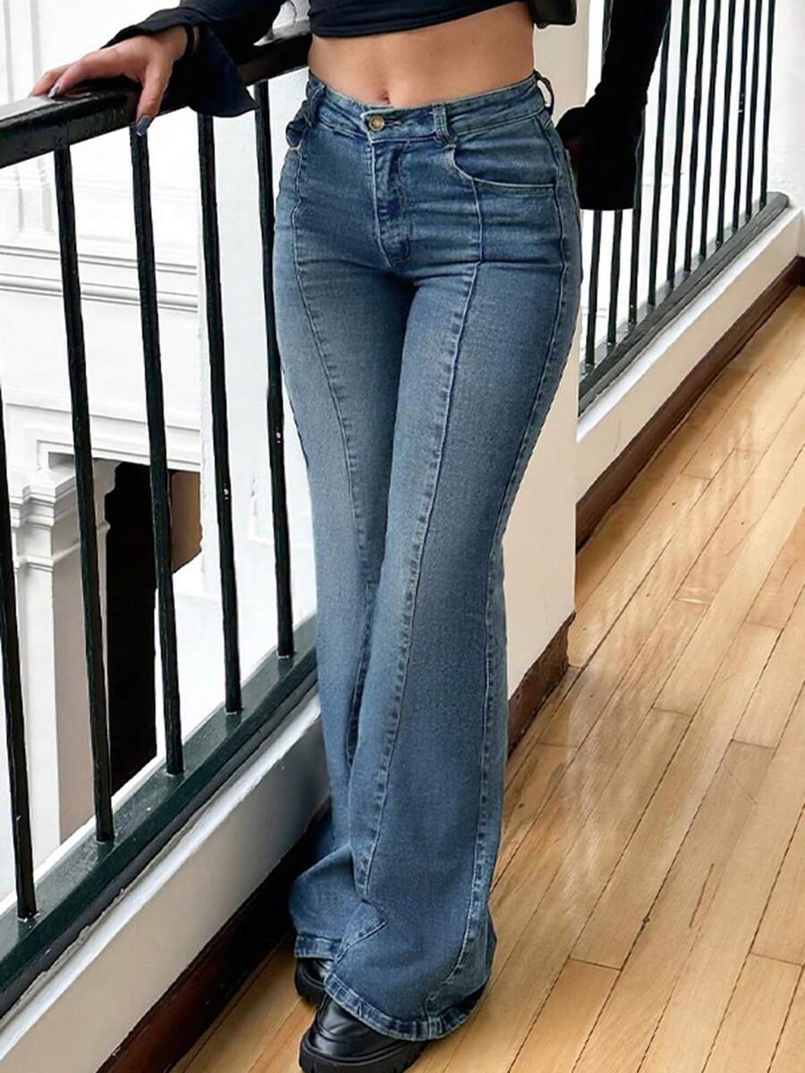 Valentine's Day Women Bootcut Jeans Flare Jeans Mid-High Waisted Stretchy Straight Leg Jeans Seamed Front Loose Denim Pants Spring Clothes - Màu xanh cổ điển - Xem 1
