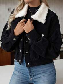 Veste courte élégante et décontractée pour femmes en velours côtelé avec patchwork, col en fausse fourrure, boutons devant, poches, manches longues. Top bomber polyvalent et décontracté, noir - Noir - Voir 2
