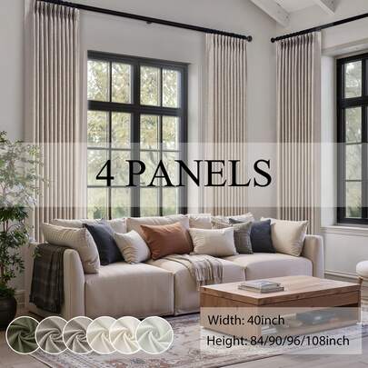 4 Panels Natural Pinch Pleated Semi-Shading Curtains Textured Linen Blended Window Curtains For Living Room Bedroom Pinch Pleat Drapes With Hooks