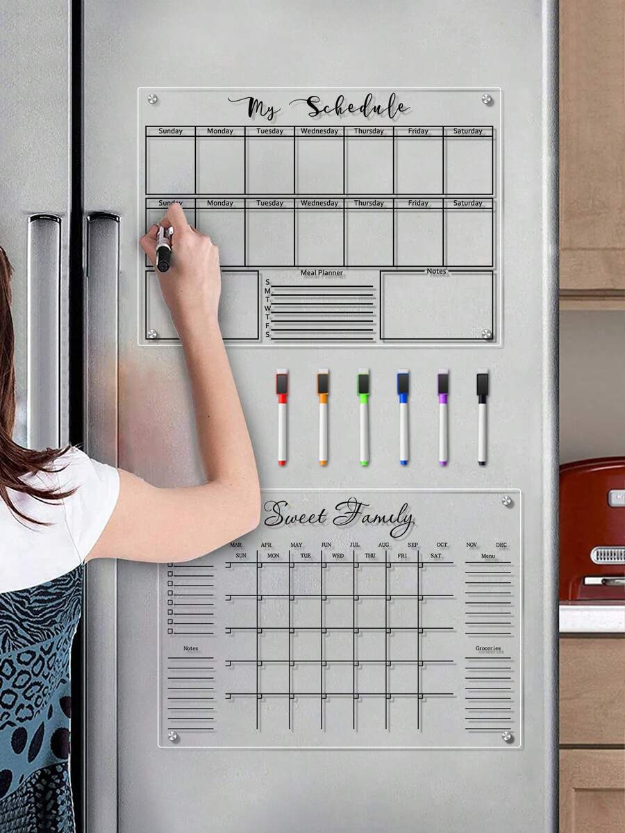 1 pièce Tableau blanc magnétique de planificateur hebdomadaire/mensuel, tableau de message magnétique en acrylique pour la décoration du réfrigérateur