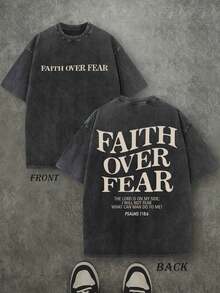 Retro Washed T-Shirt Double Sided Printed (230 Pure Cotton T-Shirt) 'FAITH OVER FEAR'  Letter Print, Mens TShirt, Mens Shirt Casual, Comfortable, Fashionable T-Shirt, Street Style Cotton 004-AB - 黑色 - 查看 1