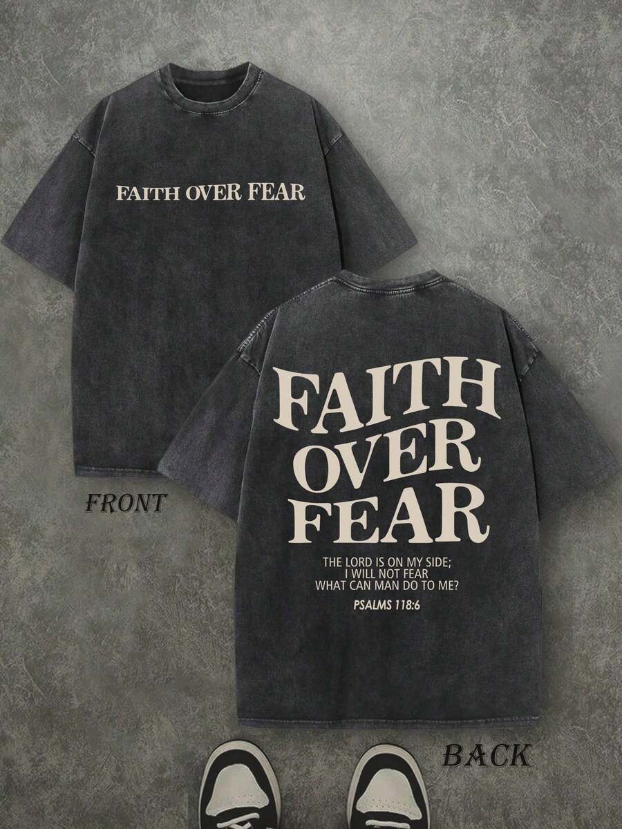 Retro Washed T-Shirt Double Sided Printed (230 Pure Cotton T-Shirt) 'FAITH OVER FEAR'  Letter Print, Mens TShirt, Mens Shirt Casual, Comfortable, Fashionable T-Shirt, Street Style Cotton 004-AB - 黑色 - 查看 1