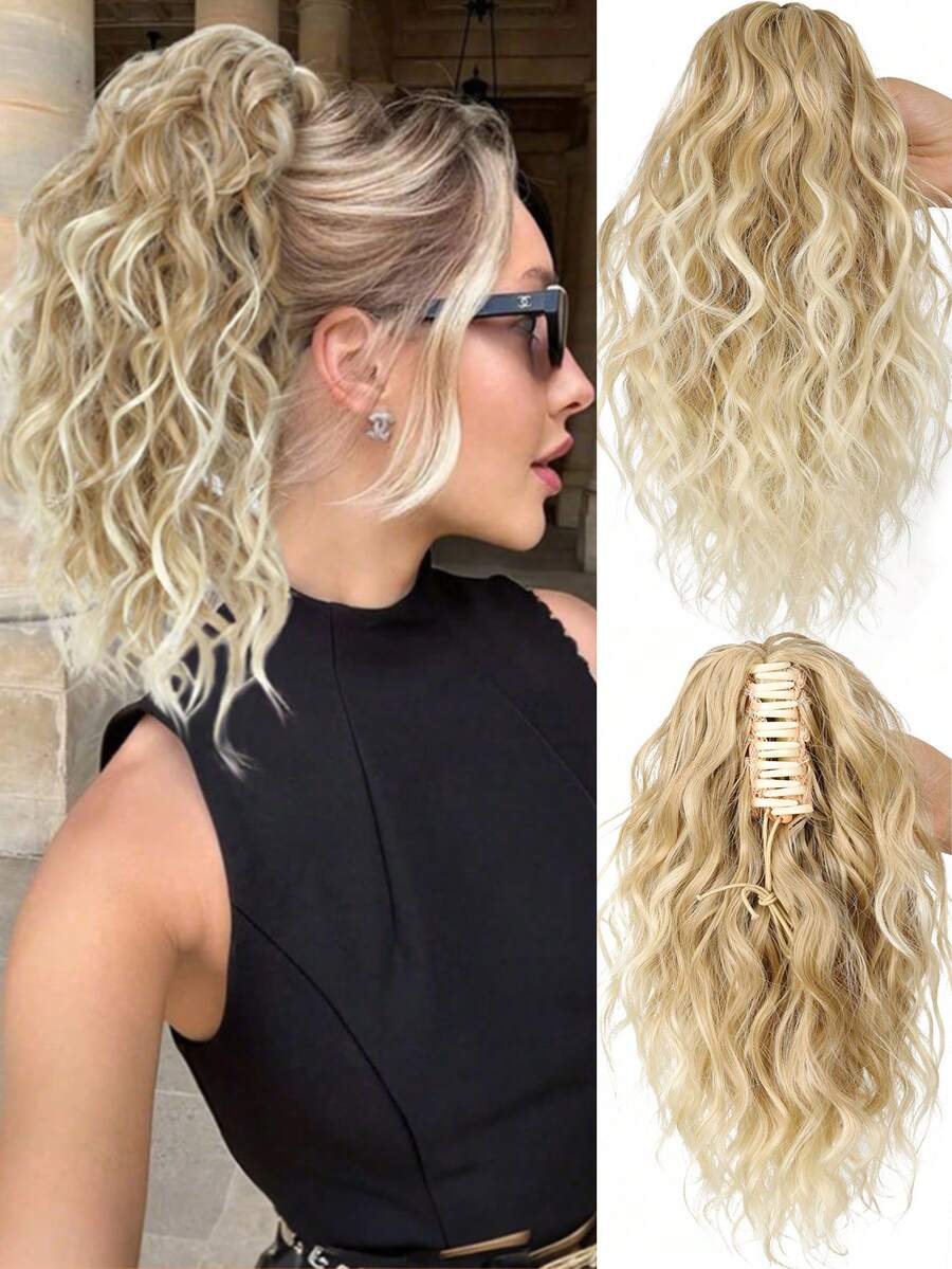 Tóc giả đuôi ngựa dài 14 inch có dây rút, màu nâu nhạt và vàng bạch kim pha trộn, sợi tổng hợp, kiểu xoăn. - Nhiều màu - Xem 1