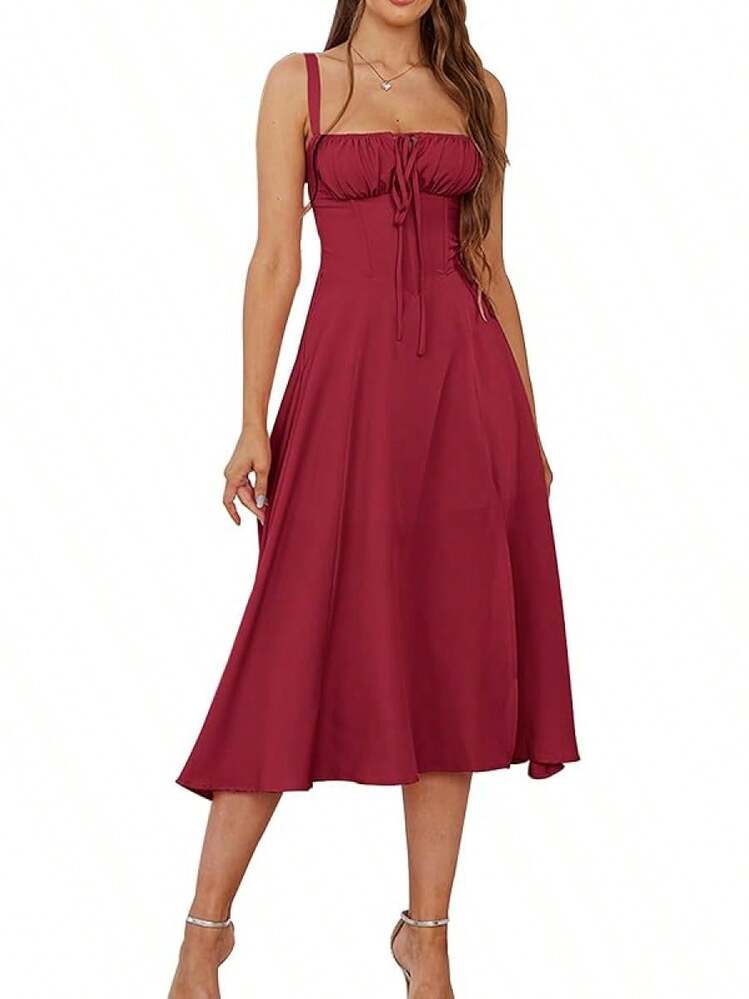 Floral Midi Corset Dress Wedding Guest Flowy Slit Lace Up Dresses Women Tea Party A Line Casual Sundress - Solid Red - View 1