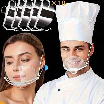 10 piezas Protector facial transparente reutilizable antivaho - Máscara de plástico transparente para belleza, tatuaje, Halloween, restaurantes y escuelas - Diseño a prueba de salpicaduras, sin batería requerida, accesorio de belleza, diseño de moda, estructura duradera
