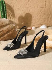On feet& in love Women's Fashionable & Elegant Rhinestone Flower Decor Backstrap Pointed Toe High Heel Pumps - Black - View 4