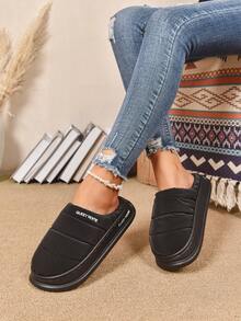 男士绗缝厚底拖鞋，舒适毛绒衬里，厚 EVA 鞋底，男女通用时尚拖鞋 - 黑色 - 查看 3