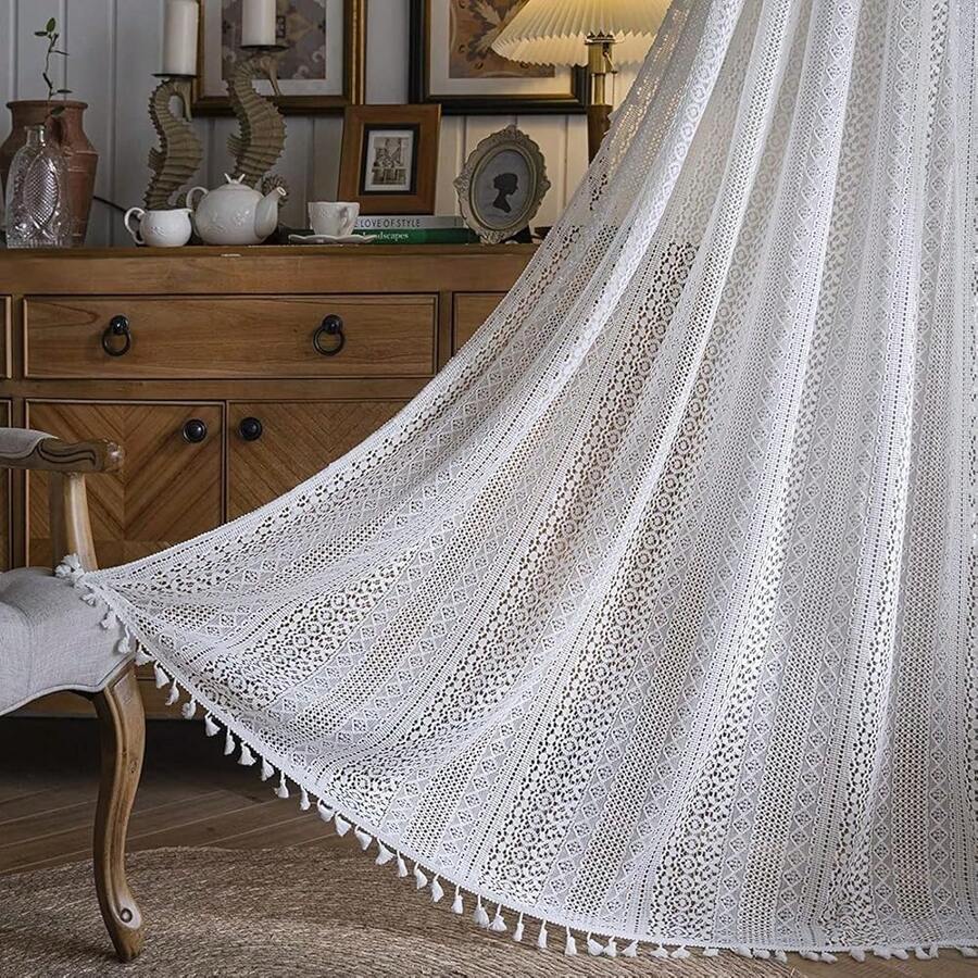 Sutuo Home White Crochet Boho Curtain 96 Inches Long, Sheer Lace Handmade Tassels Knitted Window Treatment Vintage Rustic Bohemian Farmhouse Drape For Bedroom Rod Pocket 1 Panel 59" W X 96" L - 白色鉤針編織59寬x96公升1包 - 查看 1