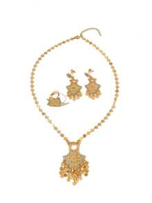 1 套奢华铜合金镀圆形流苏绿松石珠吊坠项链耳环戒指首饰套装，适合女性日常佩戴和节日礼物 - 金黃色 - 查看 4