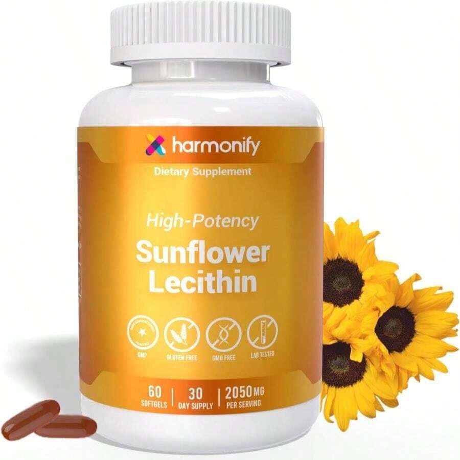 HARMONIFY Sunflower Lecithin Wellness Supplement, 2050 Mg High-Potency, Non-GMO &Amp; Gluten-Free, 60 Softgels, Proudly USA Company - 白色的 - 查看 1