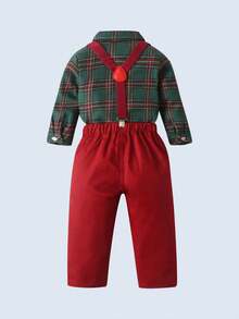 BOARNSEORL 2 件套年轻男孩绅士装 - 绿色格子长袖衬衫配领结和吊带裤，时尚百搭，适合生日派对、跨年夜、婚礼、迎婴派对、圣诞节 - 紅色 - 查看 8