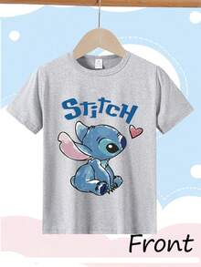 [Authorized]  Stitch Print Girls' Round Neck Summer T-Shirt - Soft Stretch Fabric, Ideal Birthday Gift & Daily Wear For Sports/Travel - 花灰色 - 查看 1