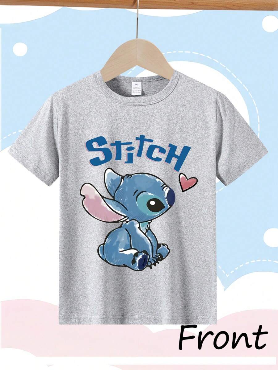 [Authorized]  Stitch Print Girls' Round Neck Summer T-Shirt - Soft Stretch Fabric, Ideal Birthday Gift & Daily Wear For Sports/Travel - 花灰色 - 查看 1