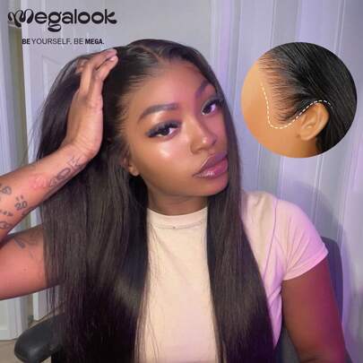 MEGALOOK 13x6 3rd Generation Seamless Silky Straight 100% Virgin Human Hair Wig, Glueless Natural Black Color Transparent Lace Front Hairline, 100% Virgin Human Hair, Durable, Lightweight, Comfortable Everyday Wear, Low Shedding