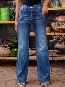 2025新款女士高腰直筒牛仔裤 - 复古水洗深蓝色牛仔布，修身剪裁，内置拉链，可机洗，四季皆宜的休闲裤，百搭风格，适合冬季、圣诞节和新年等场合，也可搭配春季服饰。 - 藍色 - 查看 8