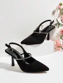 Schwarze Wildleder-Optik Pumps mit Strass-Dekor, Stilettoabsatz und Slingback, vielseitig für den täglichen Gebrauch, Bankette, Partys, modische Damenhochschuhe, Strass-Farbe und -Menge zufällig