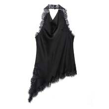 MUMRAP Women's Elegant Solid Lace Stitching Halter Tops - 黑色 - 查看 7