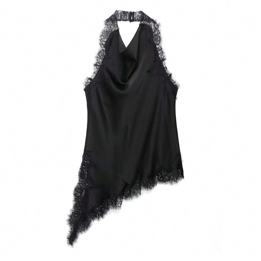 MUMRAP 女士优雅纯色蕾丝拼接露背上衣 黑色夏季