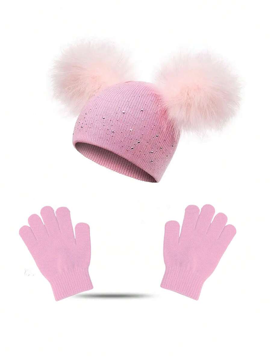 1 Set Girls Cute Faux Rhinestone Fuzzy Ball Beanie Hat, Children Gloves & Hat Set - Pink - View 1