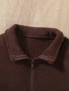 1pc Young Boy Casual Minimalist Sports Style Comfortable Brown Fleece Long Sleeve Jacket, Spring/Autumn