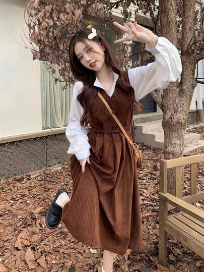 【秋の2点セット】コーデュロイサロペットドレスセット レディース ヴィネックでゆったり 森ガール系 中丈Aラインドレス ウエストシェイプ