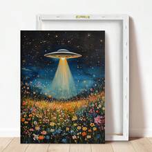 1件，帆布壁挂，带框墙饰，复古太空飞船，UFO野花墙饰，复古花卉油画，花卉外星人信徒墙饰——一份巧妙又时尚的礼物。复古家居装饰，适用于房间装饰、卧室装饰、宿舍装饰、客厅装饰。 - 彩色 - 查看 5