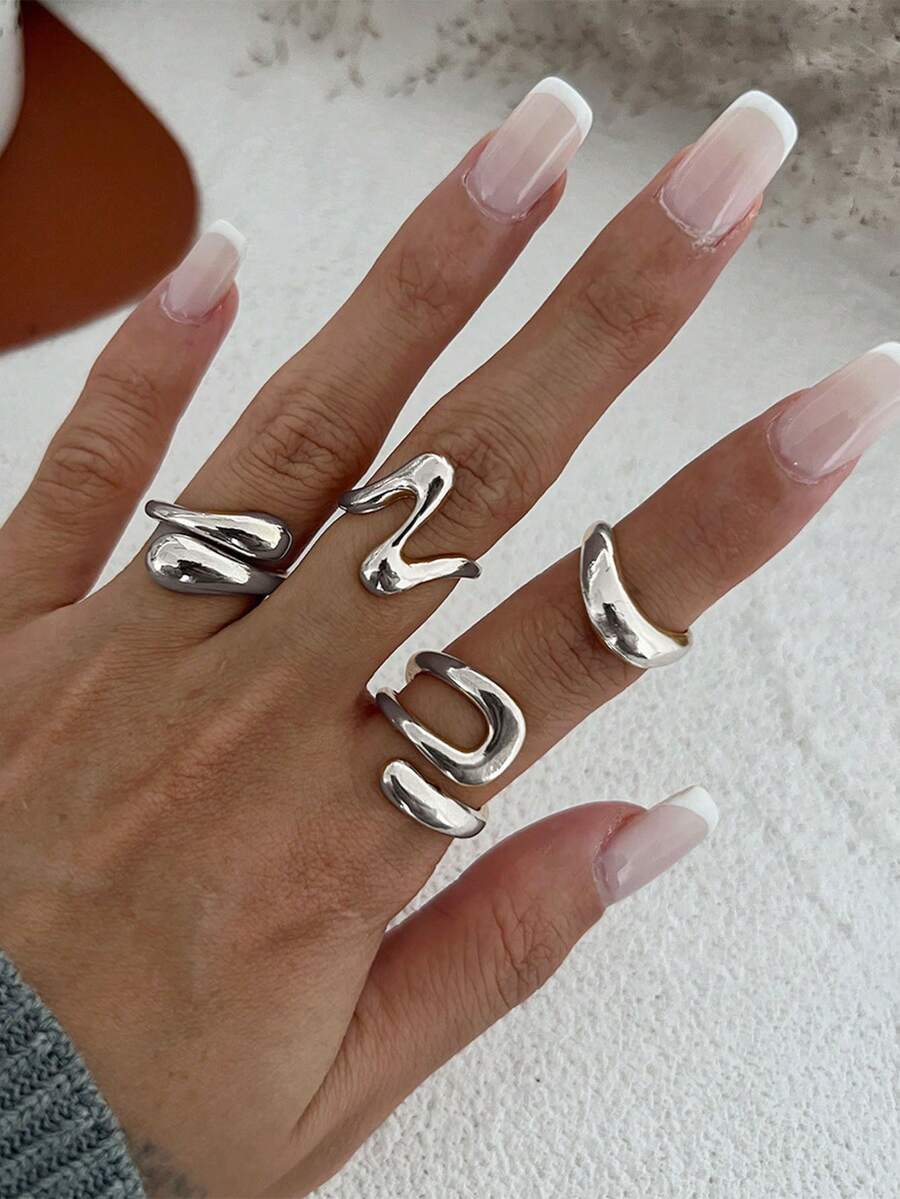 4pcs/Set Vintage Geometric Open Circle Asymmetric Ring Set, Charming Women Jewelry, Suitable For Party And Daily Wear
