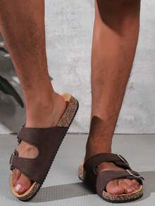 Men's Fashion Double Buckle Casual Non-Slip Slide Sandals, Suitable For Indoor And Outdoor Walking