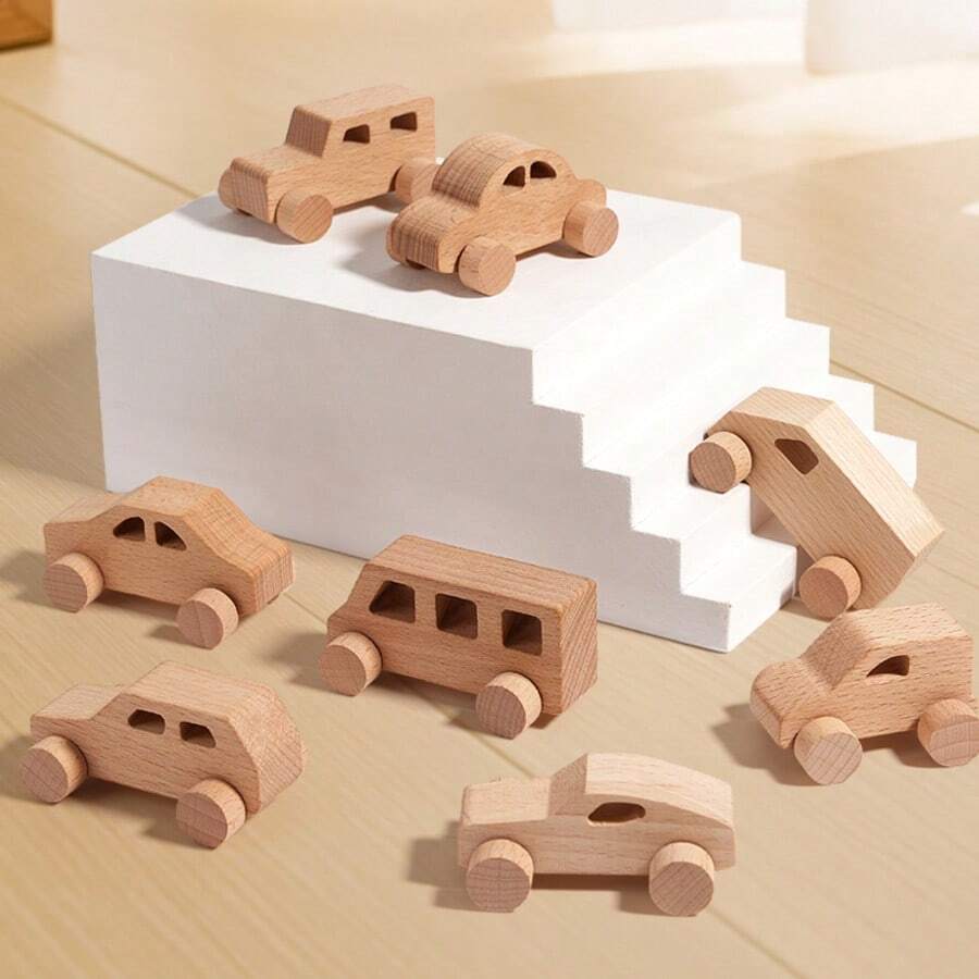 8pcs Children's Wooden Inertial Sliding DIY Handmade Wooden Graffiti Small Cars, Children's Colorful Painting Filling Color Model Toys 3D Coloring Building Blocks, Toy Ornaments For Babies To Practice Grasping Car Models