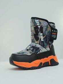 1 Pair Winter Camouflage Letter Outdoor Ski Boots For Boys, Thick & Warm Teenage Snowboots For Outdoor Activities, 1 Pair Fashionable Thick Thermal Lined Winter Boots For Girl