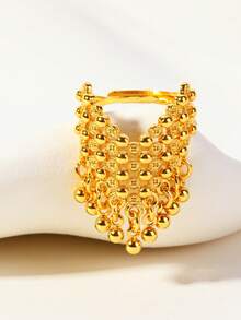 1pc Fashionable Hollow Floral Beaded Tassel Adjustable Ring For Women, Suitable For Party, Gift, Daily Wear