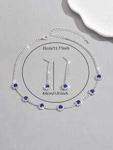 3pcs Set Minimalist Copper Rhinestone Blue Gem Pendant Necklace & Earrings Jewelry Set, Suitable For Formal Wear