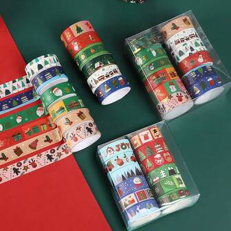 12 Rolls Gold Embossed Christmas Washi Tape, Cute Cartoon Style, Creative Tape Suitable For DIY Decorating Holiday Notebooks