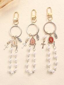 1 pezzo Portachiavi con ciondolo a croce con perle e strass della Vergine Maria, adatto per decorare borse o come regalo per insegnanti, famiglia e amici durante la stagione del ritorno a scuola, accessori per auto, stile gotico carino Y2K