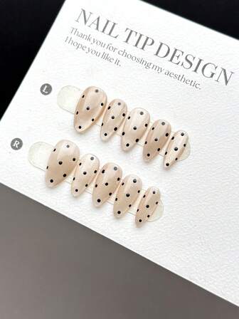 10-Piece Handmade Wearable Nail Tips, Short Almond-Shaped Press-On False Nails, Fashionable And Simple Style, Pure Hand-Painted Light Khaki Glass Beads Cat's Eye Short Nails, Embellished With Popular Black Polka Dot Patterns, Are High-End Manicure False Nail Tips, Suitable For Women And Girls To Wear Daily, With Nail Set