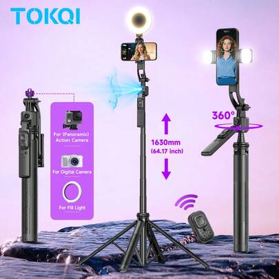 TOKQI Gậy selfie tự động nhận diện khuôn mặt, chân đế ba chân bằng hợp kim nhôm có thể kéo dài, giá đỡ điện thoại xoay 360°, điều khiển từ xa Bluetooth, tương thích với điện thoại Android và iOS.