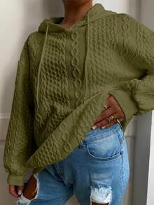 Plus Size Women Loose Casual Solid Color Jacquard Knit Long Sleeve Sweatshirt - Army Green - View 5