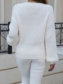 NZZOF Women's Autumn/Winter Lantern Sleeve Embroidered Textured Crew Neck Sweater - White - View 2