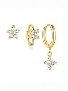 4 Pairs Exquisite Cubic Zirconia Flower Stud Earrings Set Fashion Stack Earring Ear Piercing Jewelry For Women Party, Daily Wear - LM-flower Earrings Set - View 15