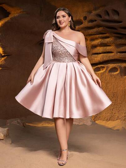 Faeriesty Curve Plus One-Shoulder Midi Party Dress With Large Bow, Sparkling Sequin From Chest To Waist & Adjustable Back Strap – Voluminous Sheer Skirt, Sleek Silhouette For Galas, Red-Carpet Events & Upscale Gatherings