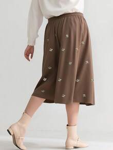 Embroidered A-Line Midi Skirt Women's Brown Stretchy Waist Comfort Fit Mid-Length Skirt With Botanical Green White Flowers Design For Autumn Daily Casual Vacation Outfit - 棕色 - 查看 4