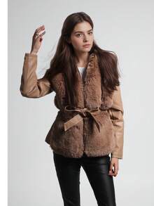 Women's Winter Jacket with Soft Faux Fur Collar and Waist Belt – Perfect for Chilly Days. A must-have for winter wardrobe! - 卡其色 - 查看 6