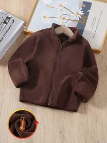 1pc Young Boy Casual Minimalist Sports Style Comfortable Brown Fleece Long Sleeve Jacket, Spring/Autumn